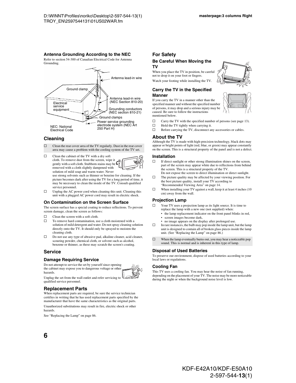 Cleaning, Service, Replacement parts | For safety, About the tv | Sony GRAND WEGA KDF-E50A10 User Manual | Page 6 / 97