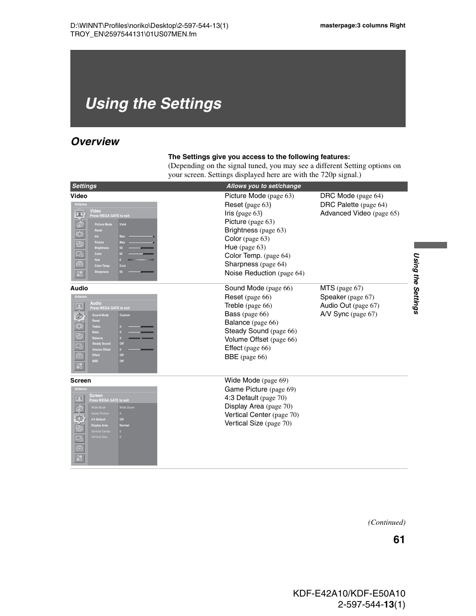 Using the settings, Overview, Continued) | Us ing the setting s | Sony GRAND WEGA KDF-E50A10 User Manual | Page 61 / 97