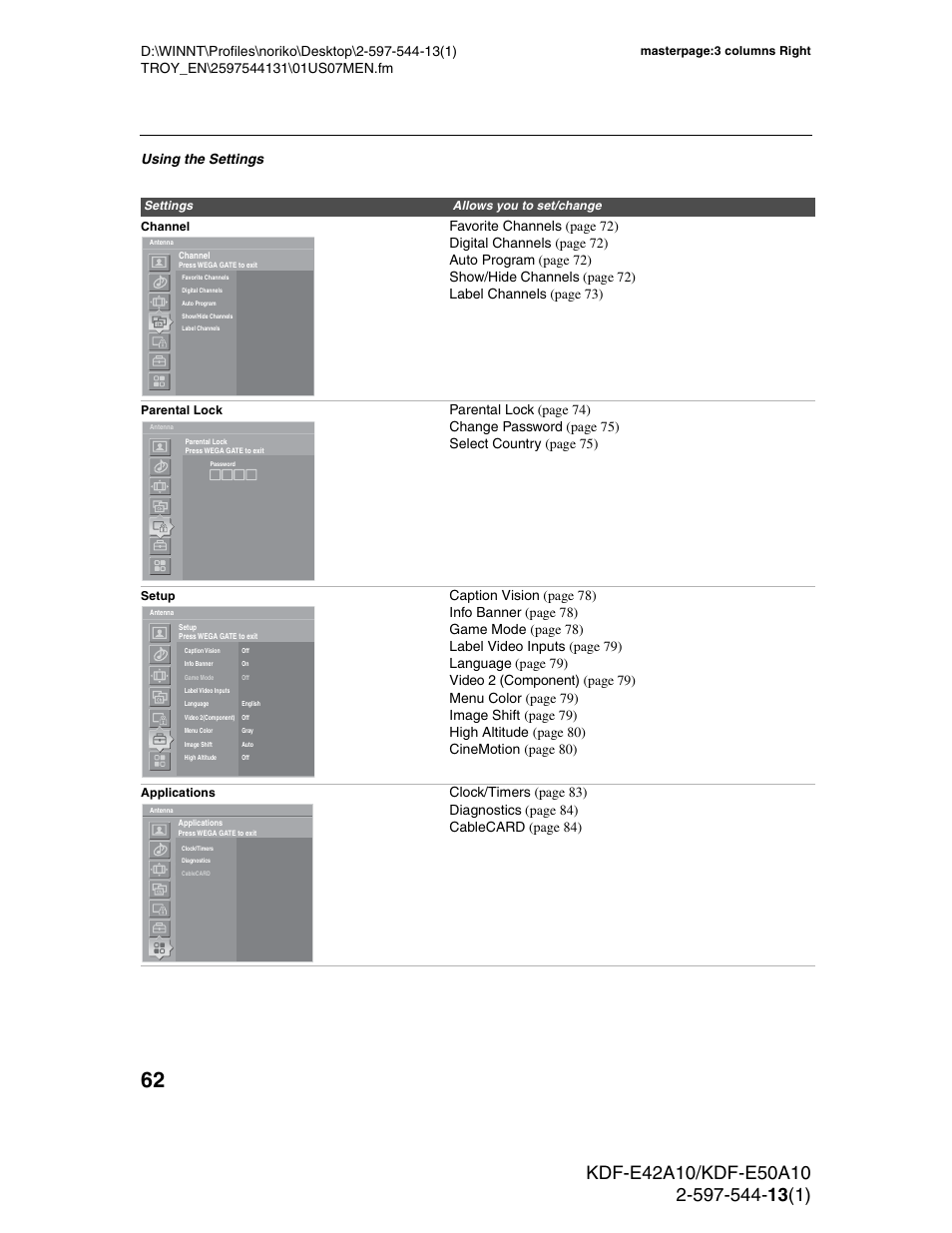 Using the settings | Sony GRAND WEGA KDF-E50A10 User Manual | Page 62 / 97