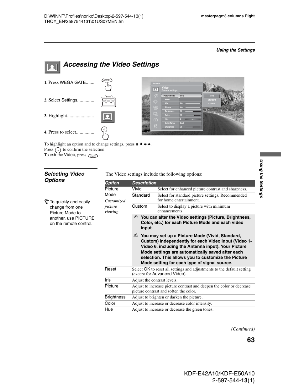 Accessing the video settings, Selecting video options | Sony GRAND WEGA KDF-E50A10 User Manual | Page 63 / 97