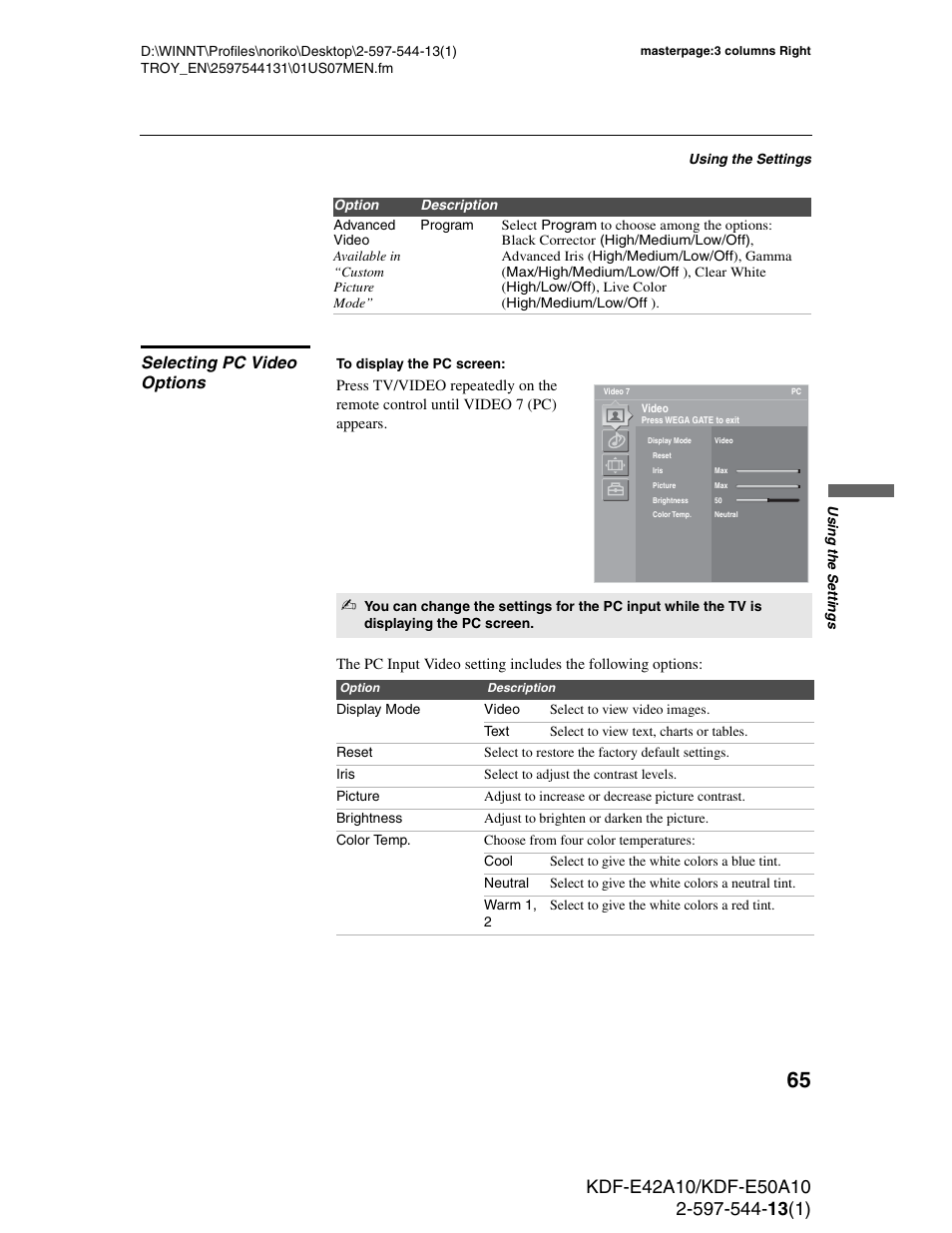 Selecting pc video options | Sony GRAND WEGA KDF-E50A10 User Manual | Page 65 / 97