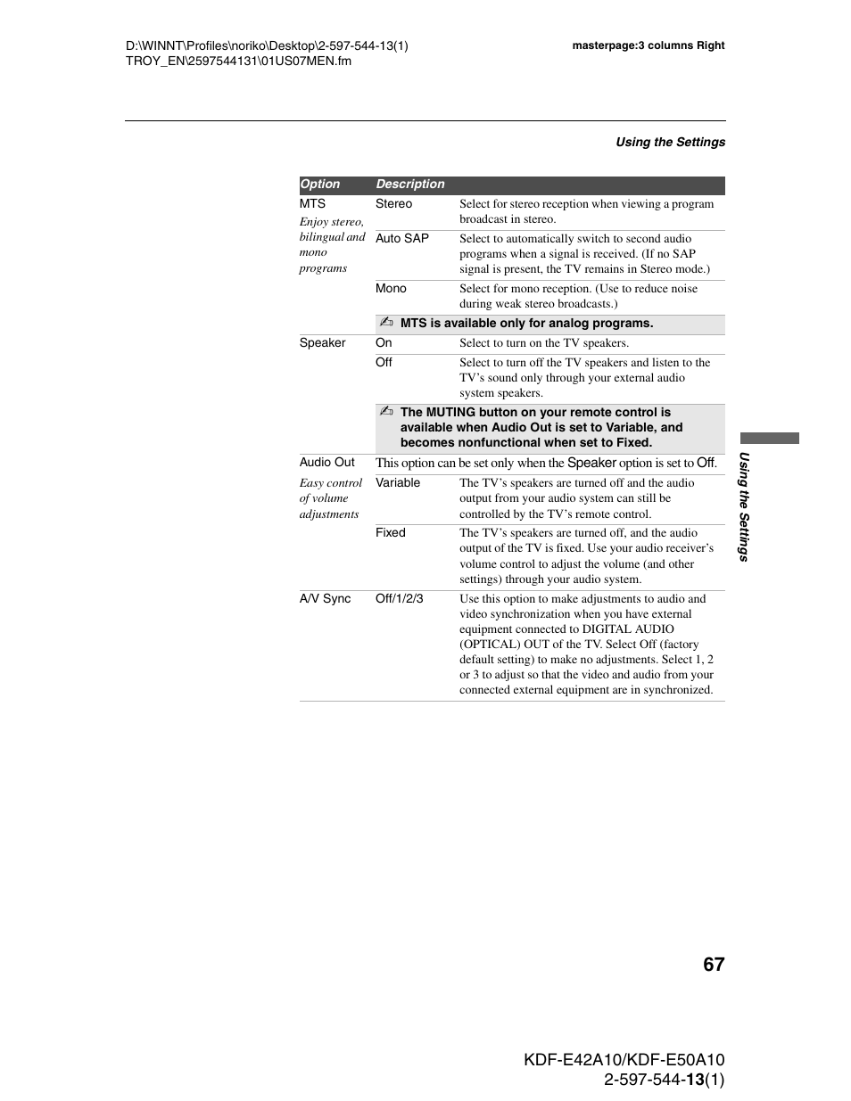 Sony GRAND WEGA KDF-E50A10 User Manual | Page 67 / 97