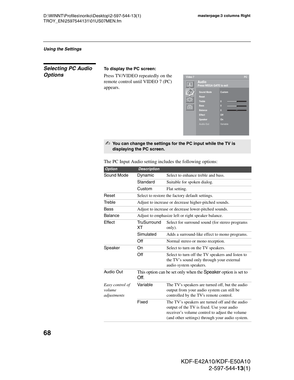 Selecting pc audio options | Sony GRAND WEGA KDF-E50A10 User Manual | Page 68 / 97