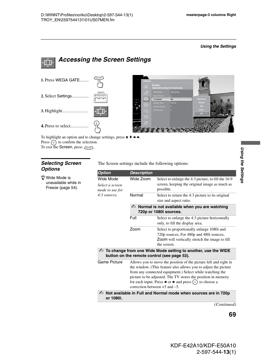 Accessing the screen settings, Selecting screen options | Sony GRAND WEGA KDF-E50A10 User Manual | Page 69 / 97