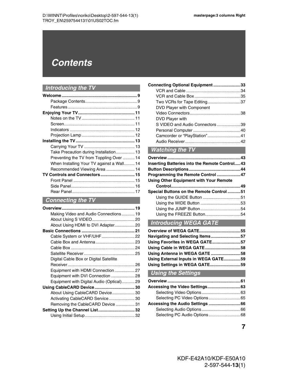 Sony GRAND WEGA KDF-E50A10 User Manual | Page 7 / 97