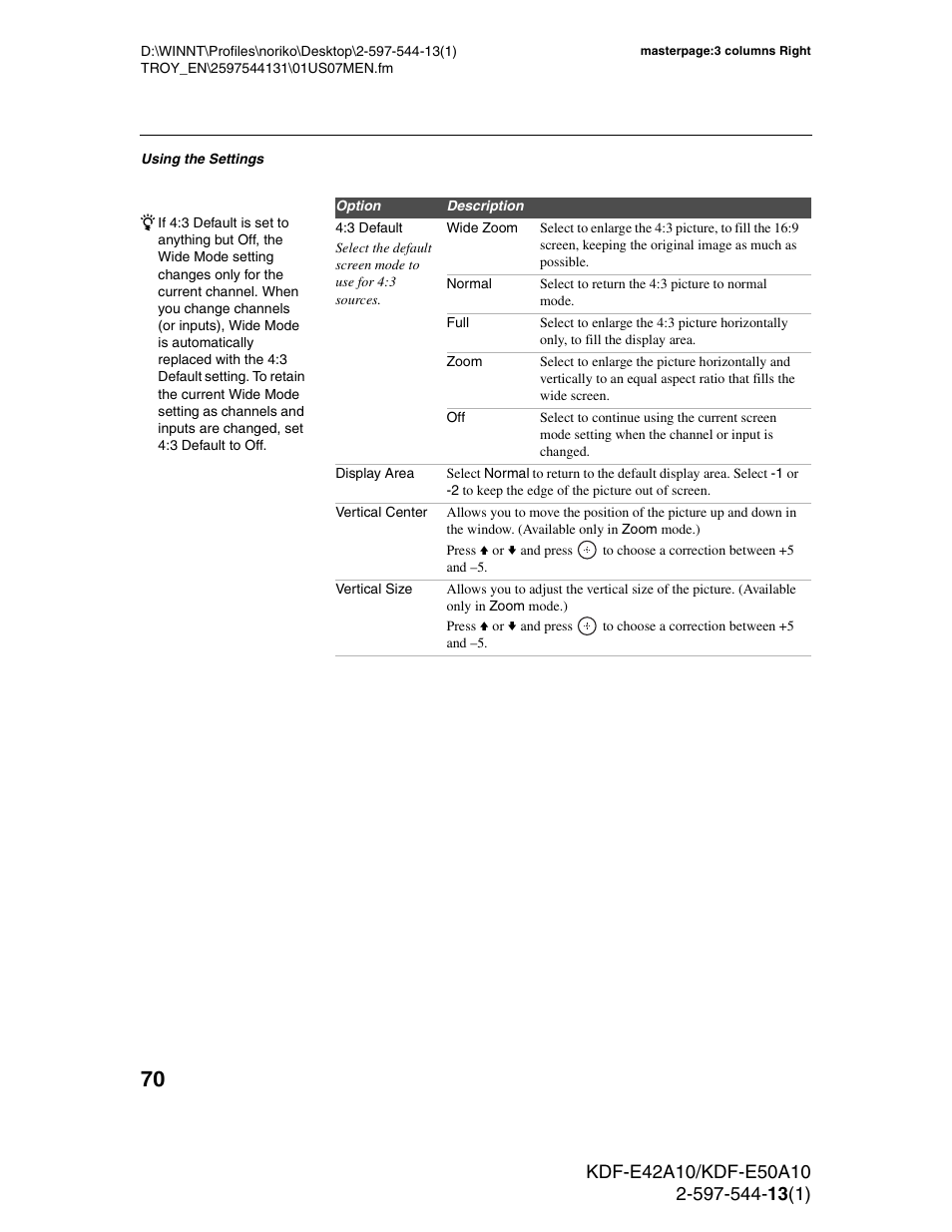 Sony GRAND WEGA KDF-E50A10 User Manual | Page 70 / 97