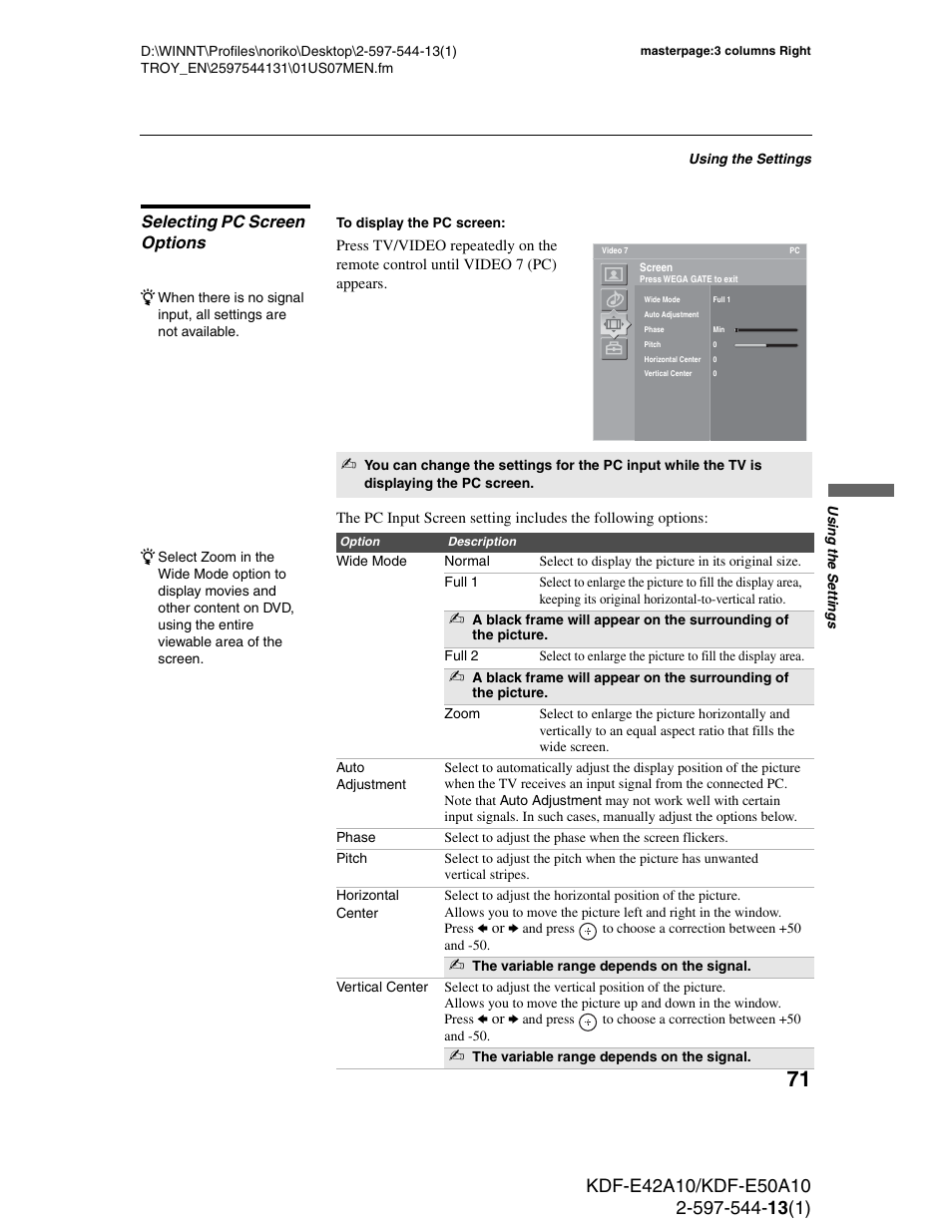 Selecting pc screen options | Sony GRAND WEGA KDF-E50A10 User Manual | Page 71 / 97