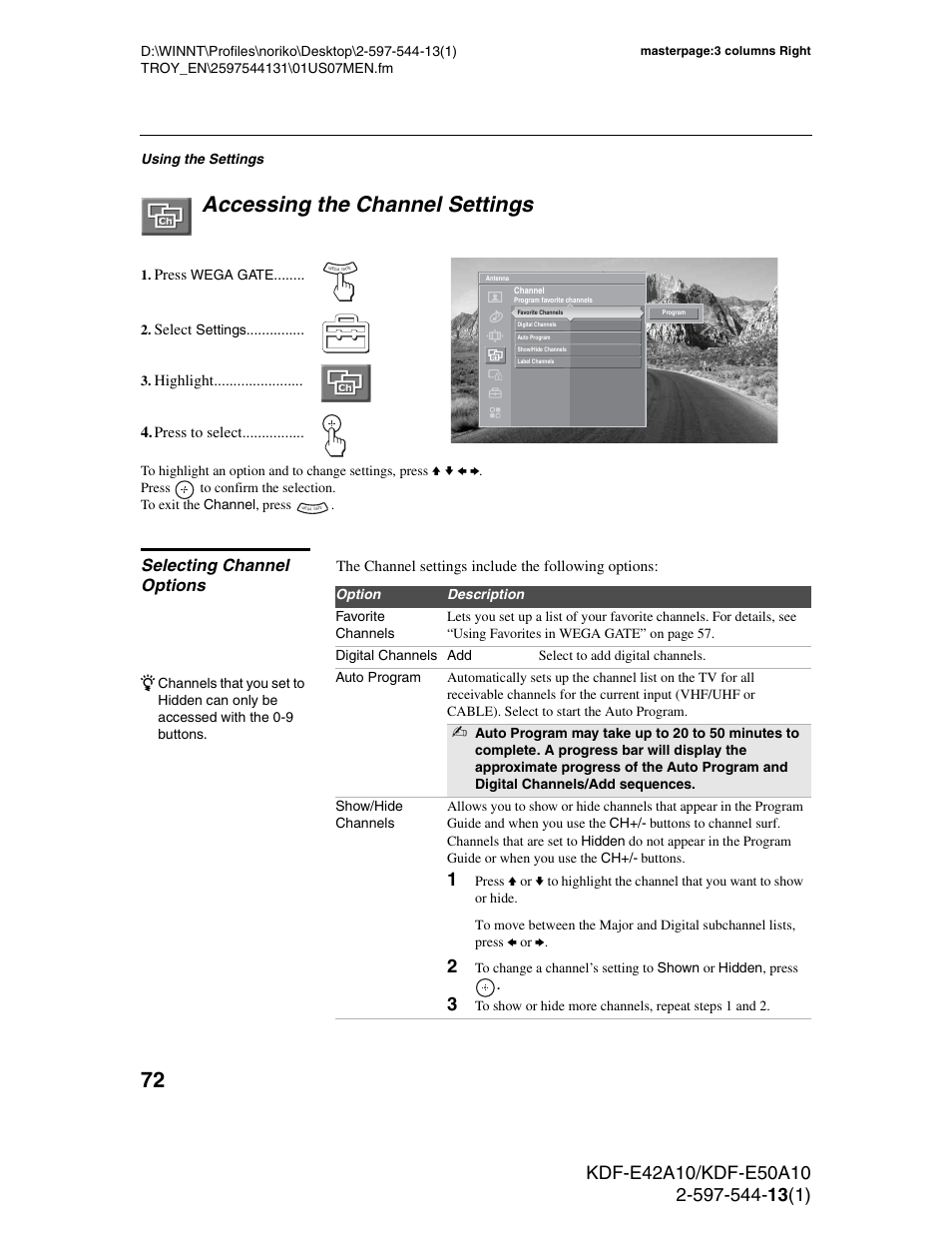 Accessing the channel settings, Selecting channel options | Sony GRAND WEGA KDF-E50A10 User Manual | Page 72 / 97