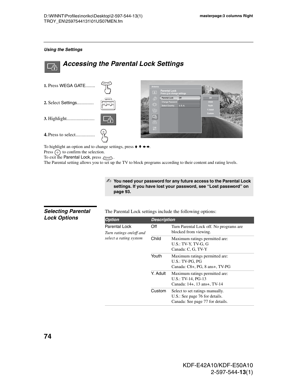 Accessing the parental lock settings, Selecting parental lock options | Sony GRAND WEGA KDF-E50A10 User Manual | Page 74 / 97