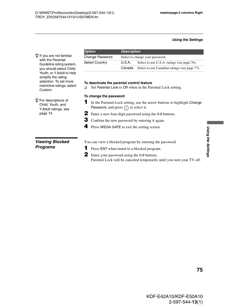 Viewing blocked programs | Sony GRAND WEGA KDF-E50A10 User Manual | Page 75 / 97