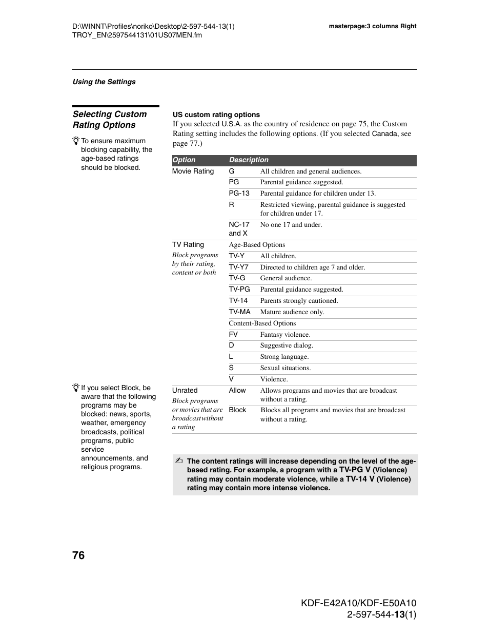 Selecting custom rating options | Sony GRAND WEGA KDF-E50A10 User Manual | Page 76 / 97