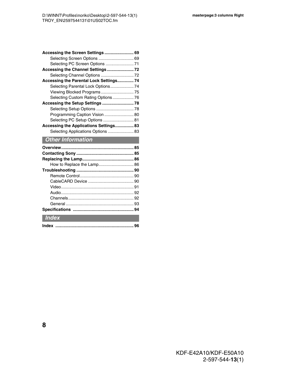 Sony GRAND WEGA KDF-E50A10 User Manual | Page 8 / 97