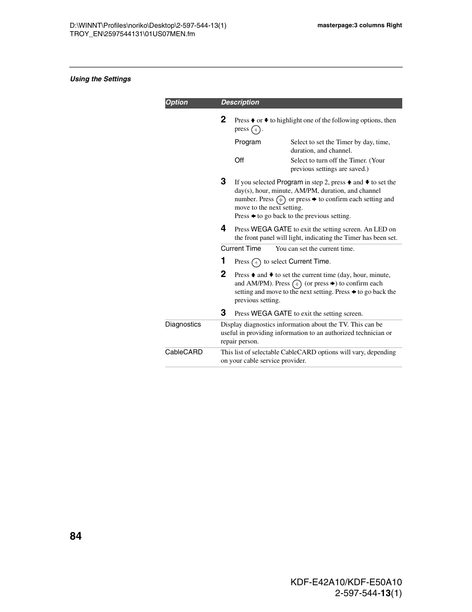 Sony GRAND WEGA KDF-E50A10 User Manual | Page 84 / 97