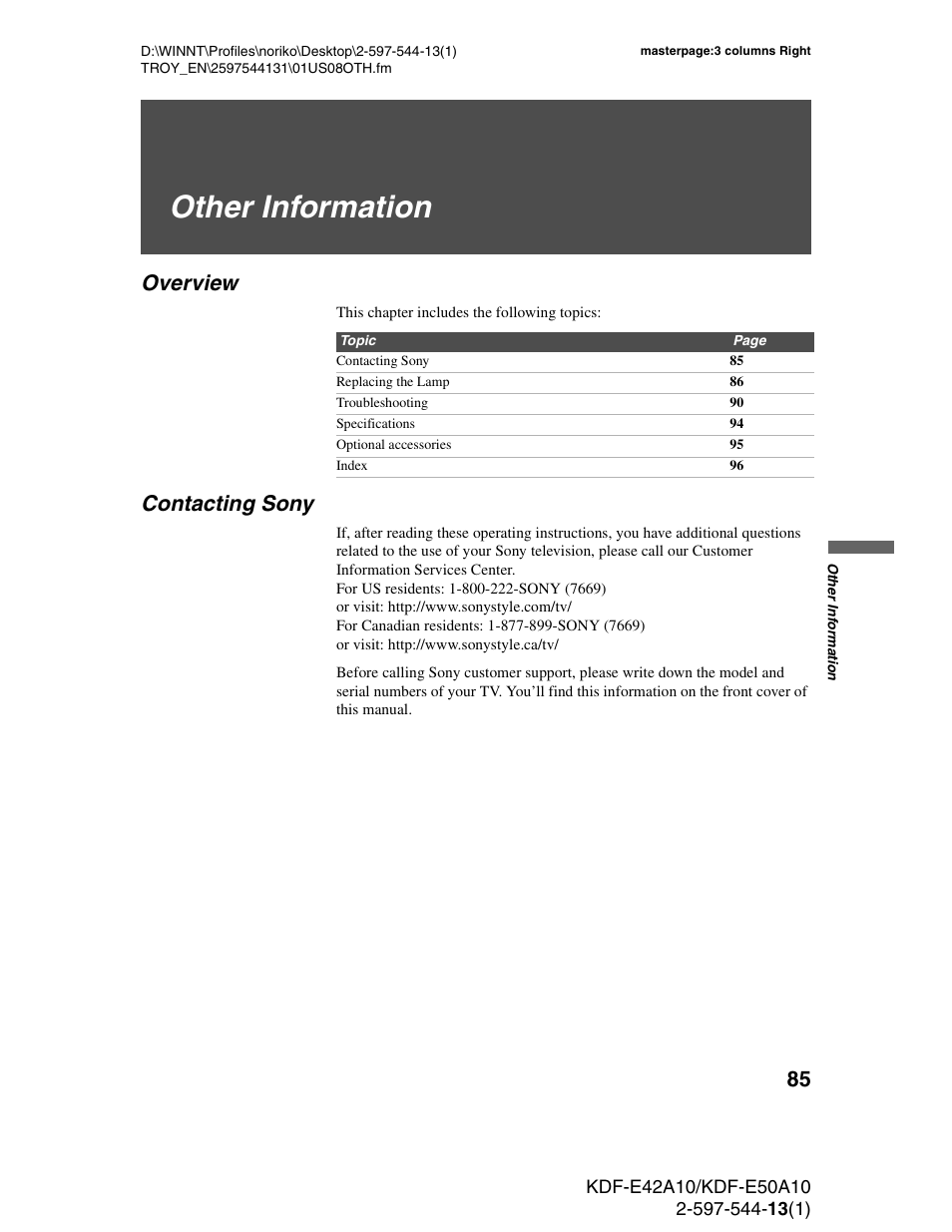 Other information, Overview, Contacting sony | Overview contacting sony | Sony GRAND WEGA KDF-E50A10 User Manual | Page 85 / 97