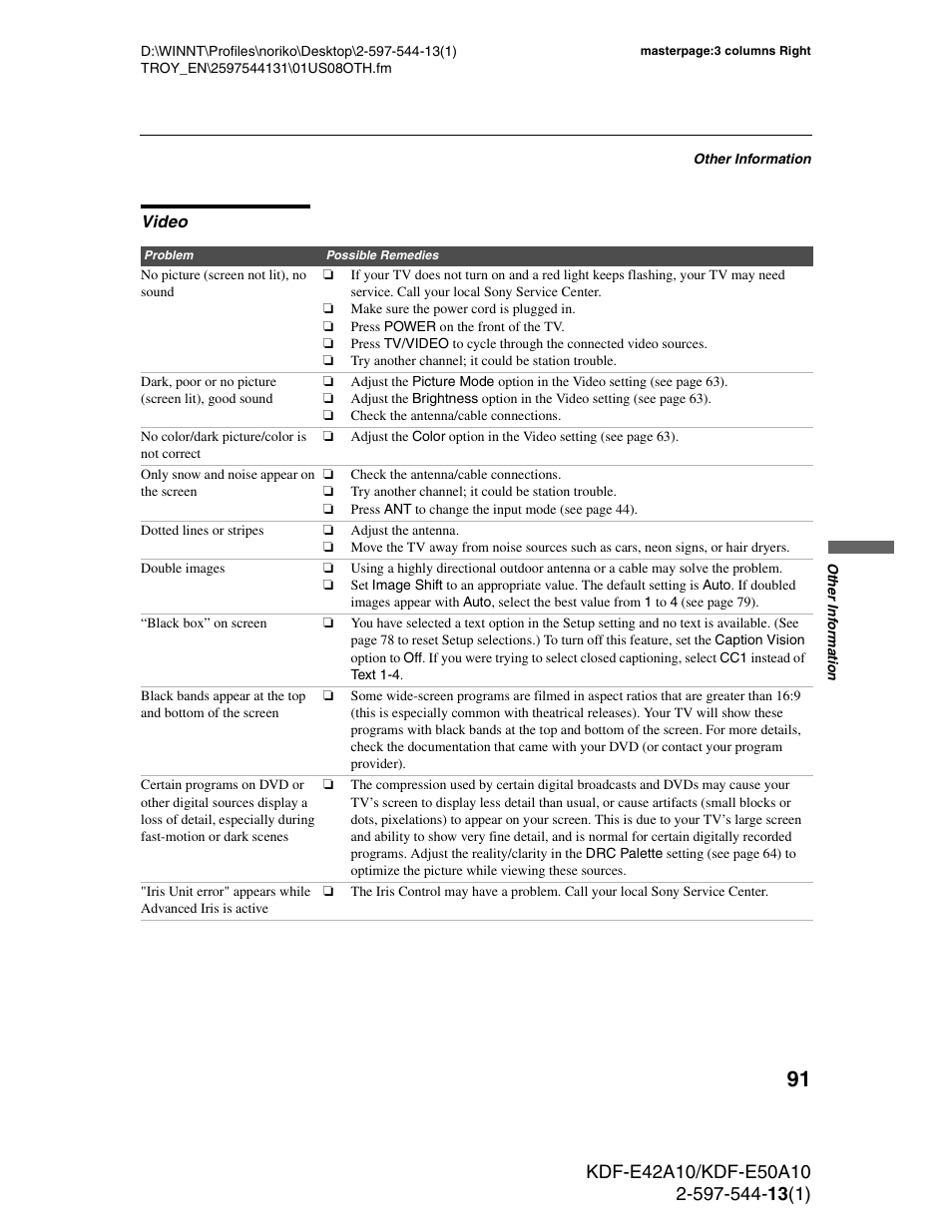 Video | Sony GRAND WEGA KDF-E50A10 User Manual | Page 91 / 97