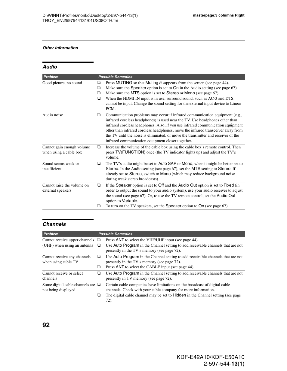 Audio, Channels, Audio channels | Sony GRAND WEGA KDF-E50A10 User Manual | Page 92 / 97