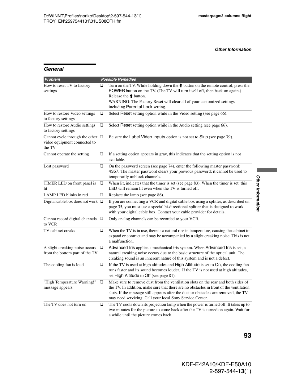 General | Sony GRAND WEGA KDF-E50A10 User Manual | Page 93 / 97