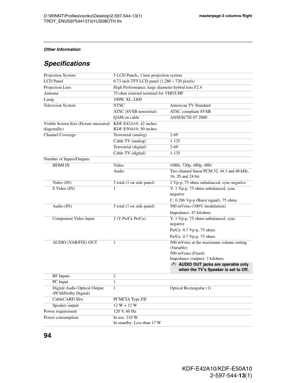 Specifications | Sony GRAND WEGA KDF-E50A10 User Manual | Page 94 / 97