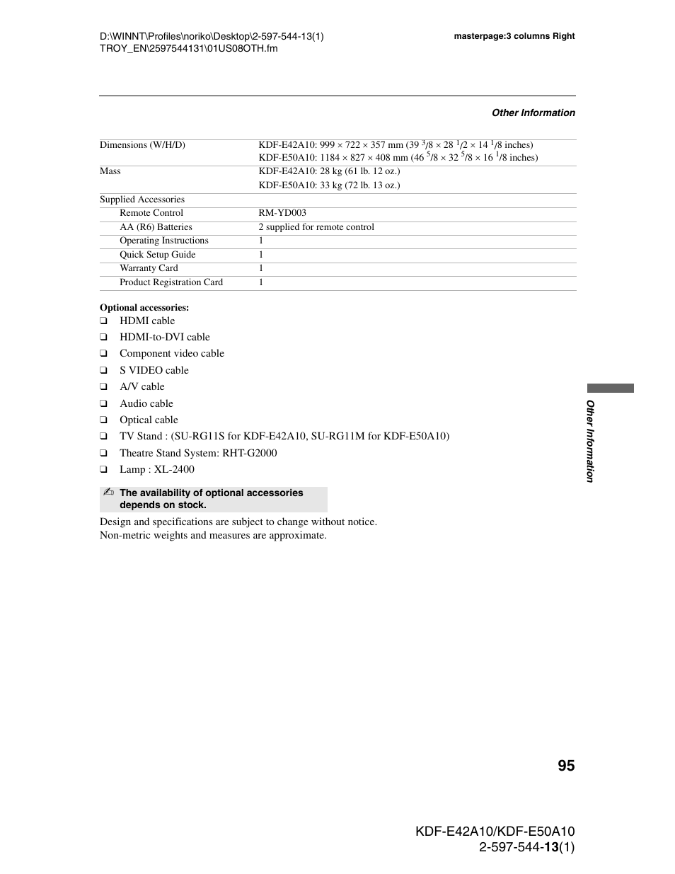 Sony GRAND WEGA KDF-E50A10 User Manual | Page 95 / 97