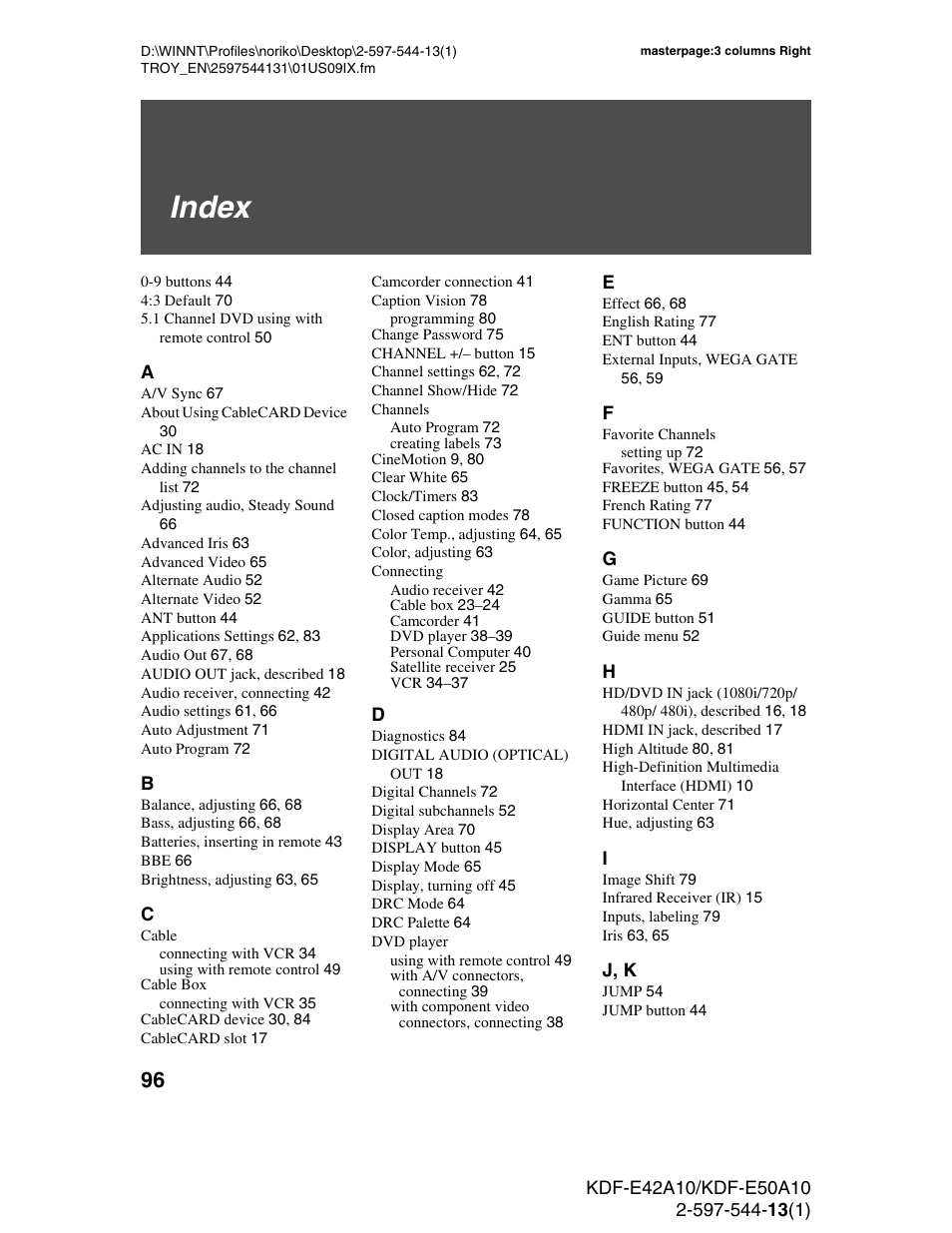 Index | Sony GRAND WEGA KDF-E50A10 User Manual | Page 96 / 97