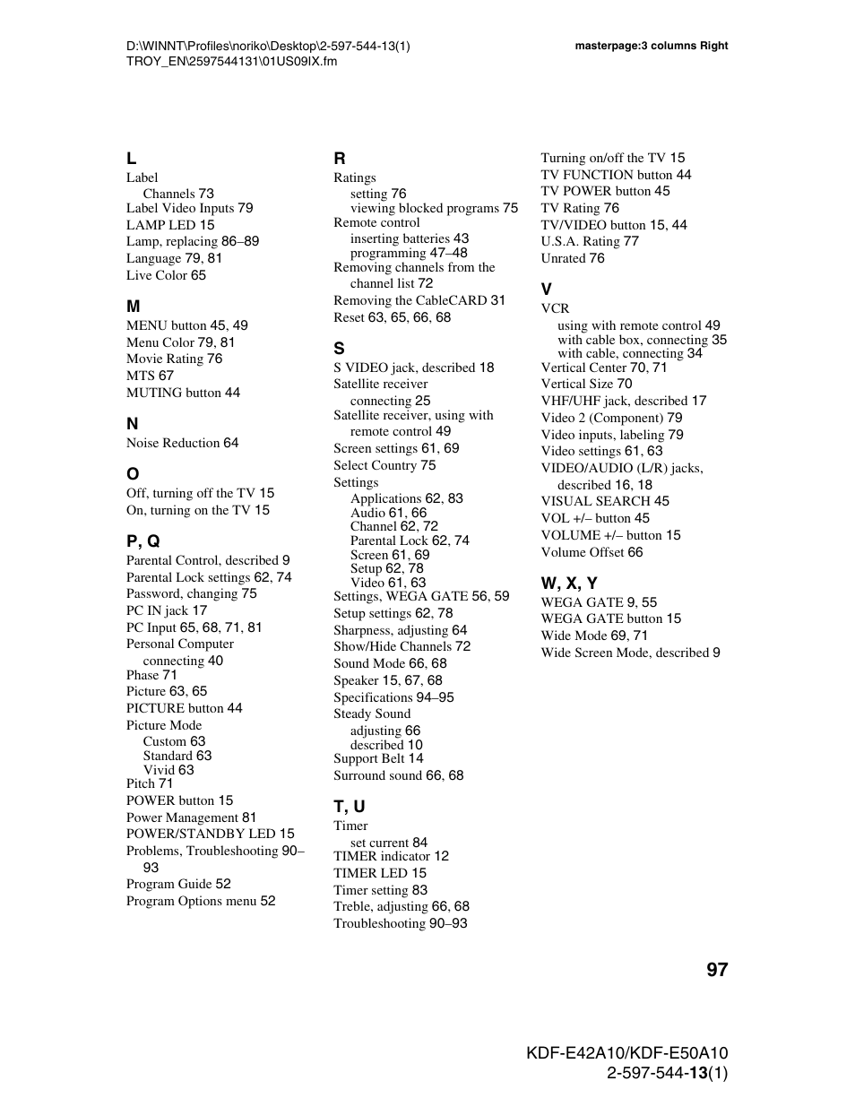 Sony GRAND WEGA KDF-E50A10 User Manual | Page 97 / 97