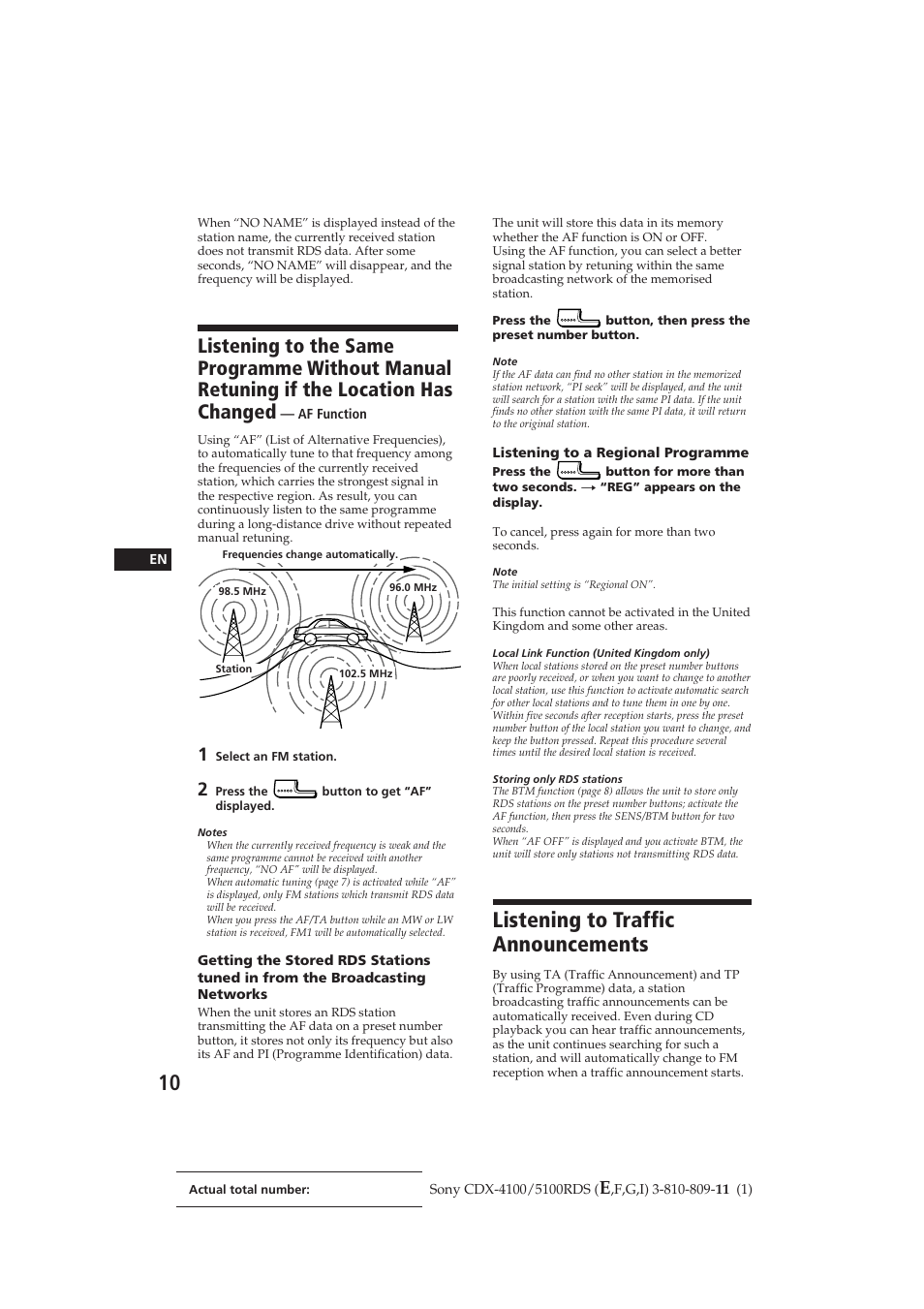 Listening to traffic announcements | Sony CDX-4100RDS User Manual | Page 10 / 74