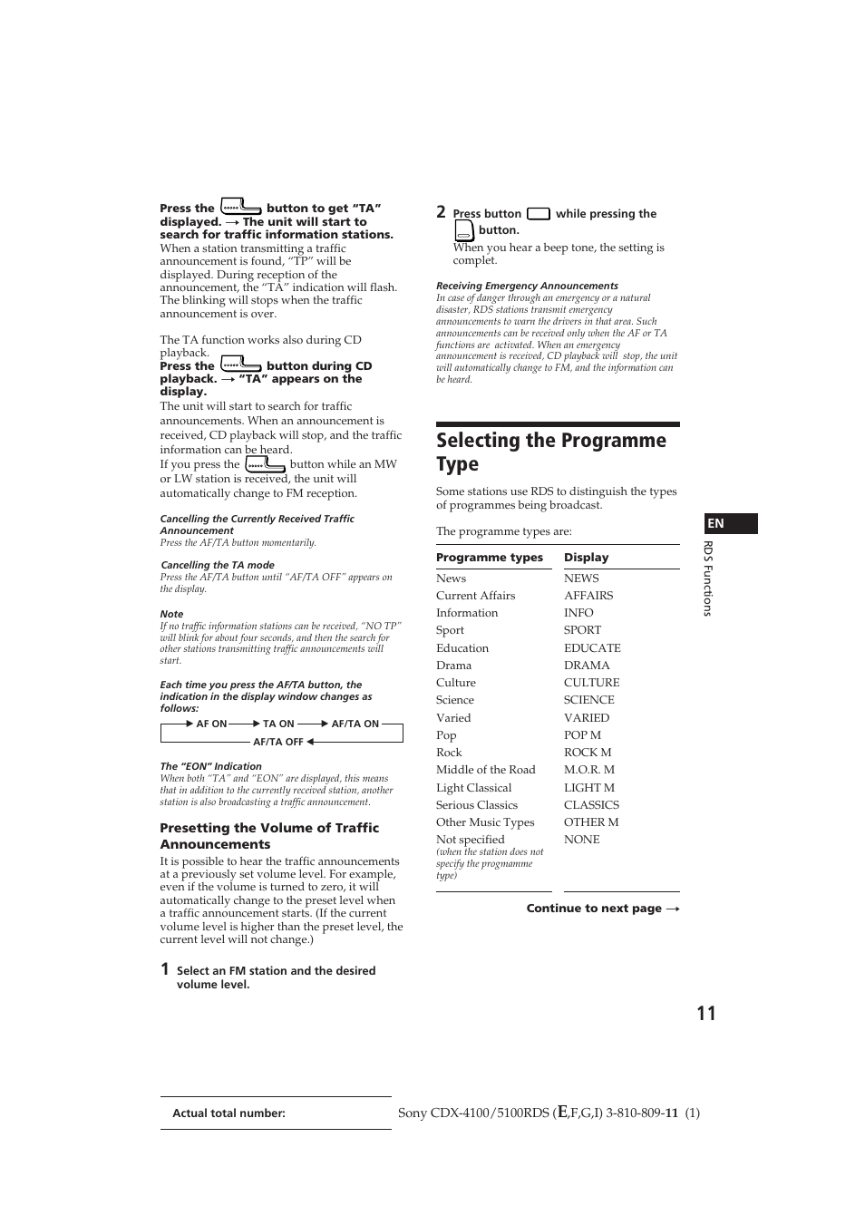 Selecting the programme type | Sony CDX-4100RDS User Manual | Page 11 / 74