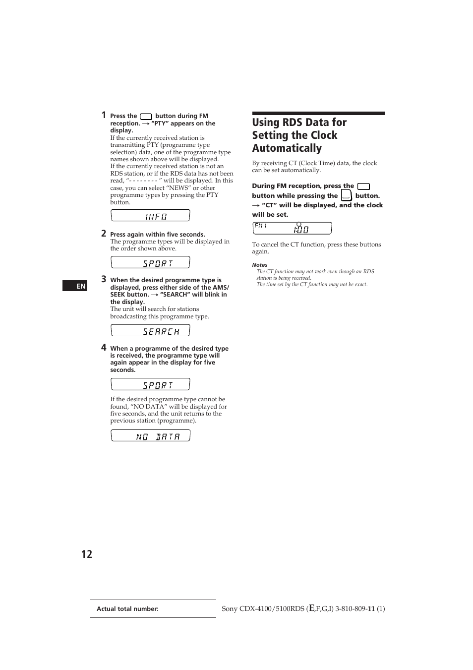 Using rds data for setting the clock automatically | Sony CDX-4100RDS User Manual | Page 12 / 74