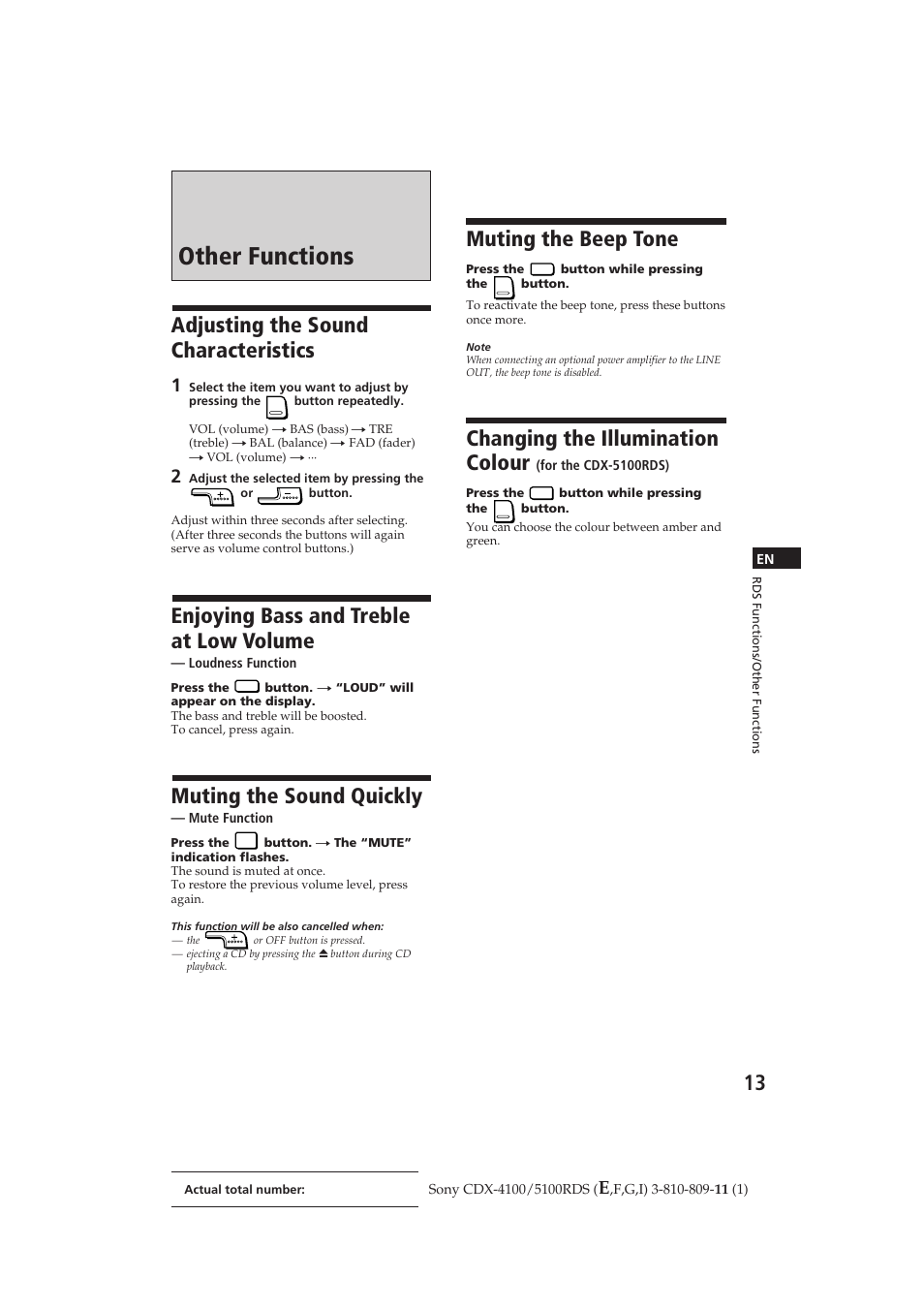 Other functions, Muting the beep tone, Changing the illumination colour | Adjusting the sound characteristics, Enjoying bass and treble at low volume, Muting the sound quickly | Sony CDX-4100RDS User Manual | Page 13 / 74