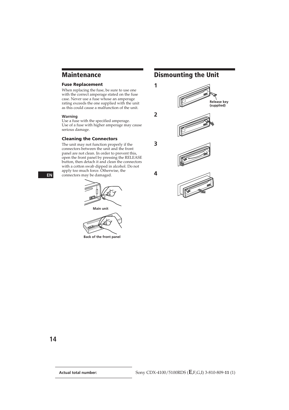 Dismounting the unit, Maintenance | Sony CDX-4100RDS User Manual | Page 14 / 74
