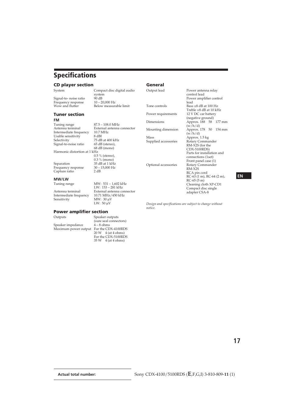 Specifications | Sony CDX-4100RDS User Manual | Page 17 / 74