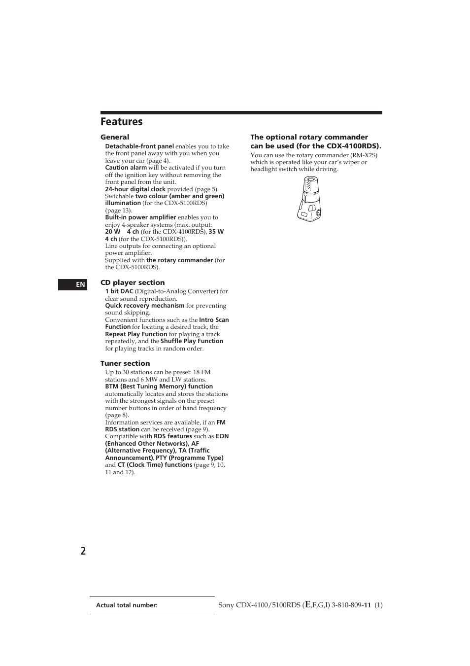 Features | Sony CDX-4100RDS User Manual | Page 2 / 74