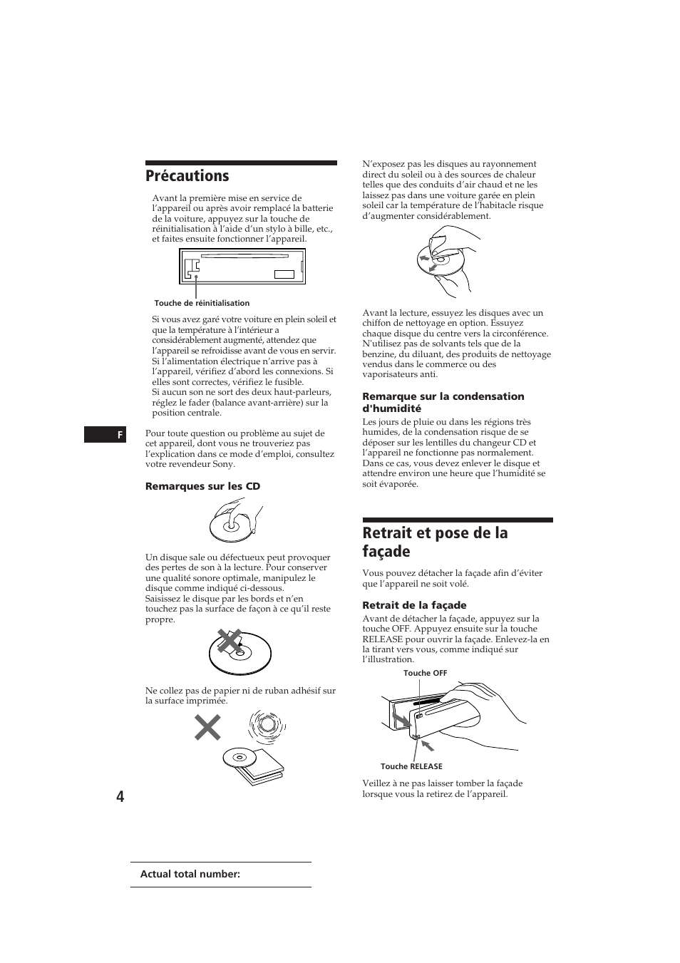 Précautions, Retrait et pose de la façade | Sony CDX-4100RDS User Manual | Page 22 / 74