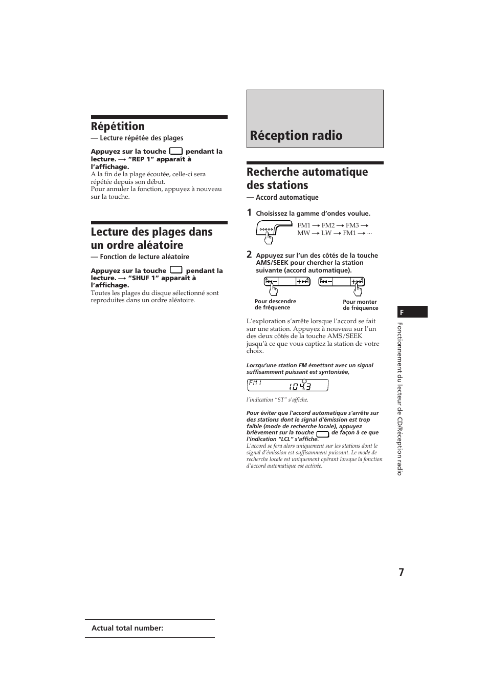 Réception radio, Recherche automatique des stations, Répétition | Lecture des plages dans un ordre aléatoire | Sony CDX-4100RDS User Manual | Page 25 / 74