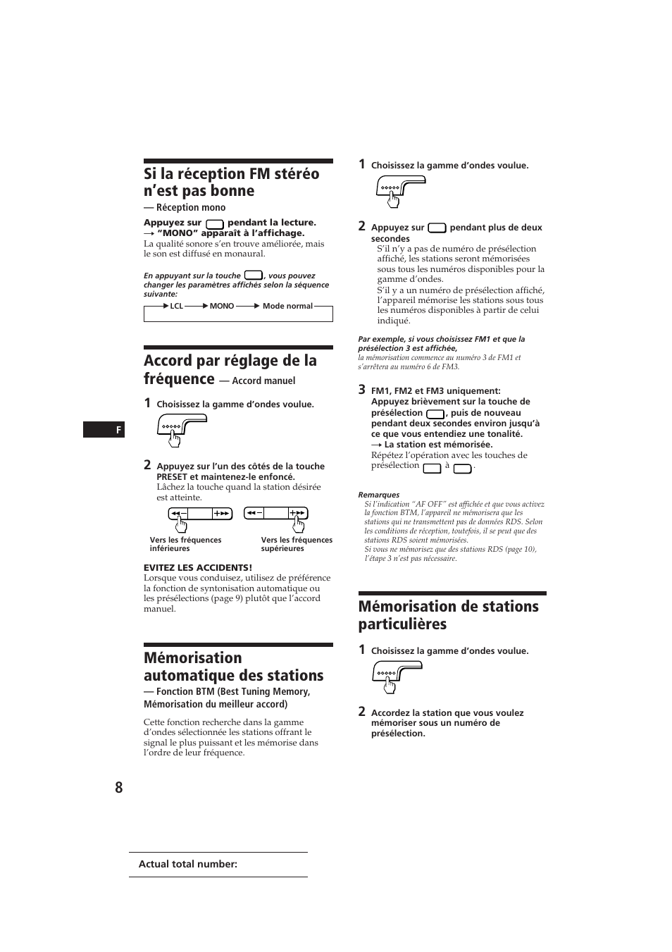 Mémorisation de stations particulières, Si la réception fm stéréo n’est pas bonne, Accord par réglage de la fréquence | Mémorisation automatique des stations | Sony CDX-4100RDS User Manual | Page 26 / 74
