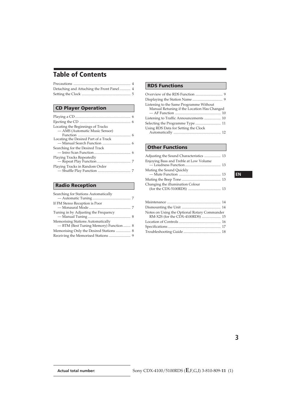 Sony CDX-4100RDS User Manual | Page 3 / 74