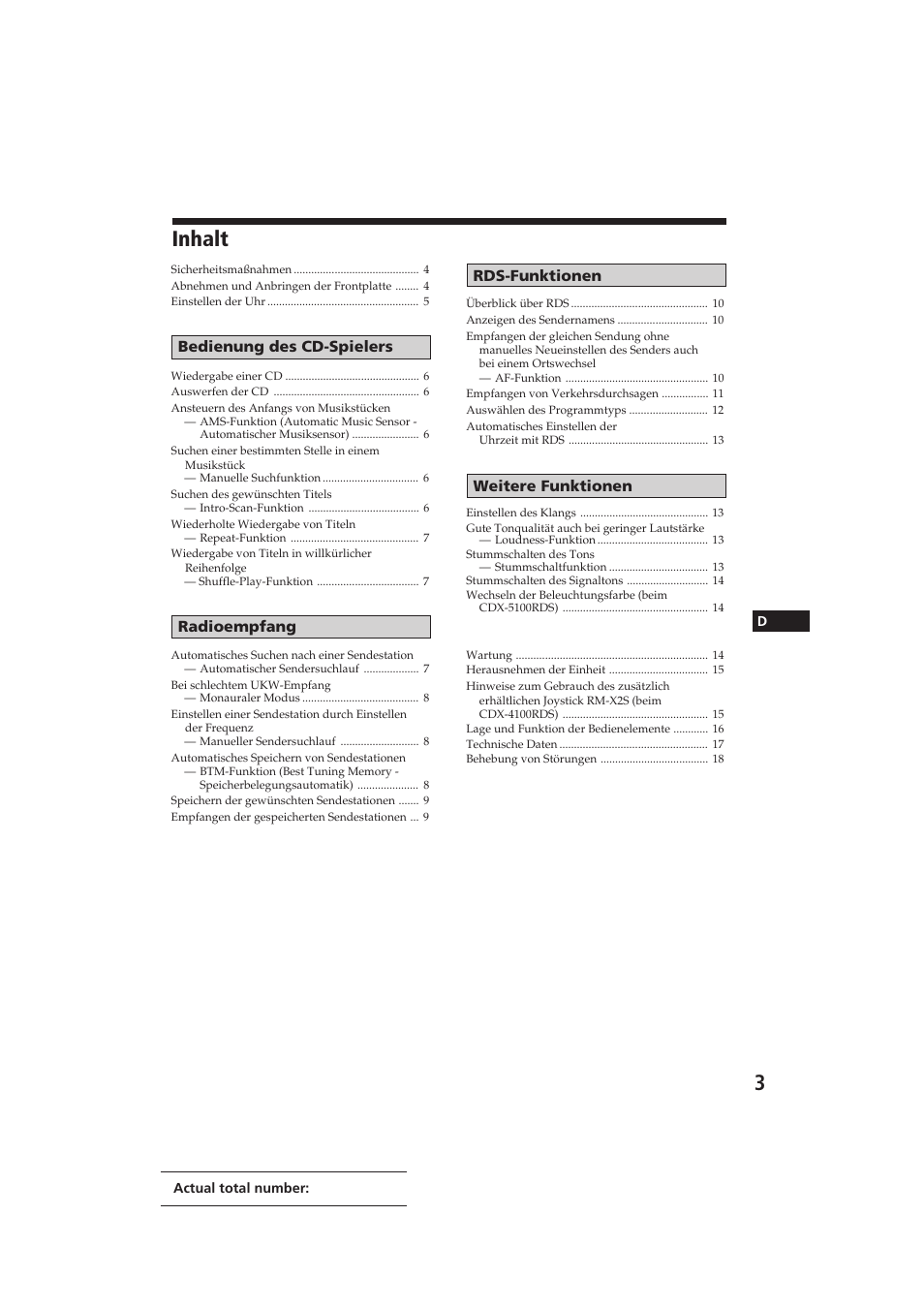 Inhalt | Sony CDX-4100RDS User Manual | Page 39 / 74