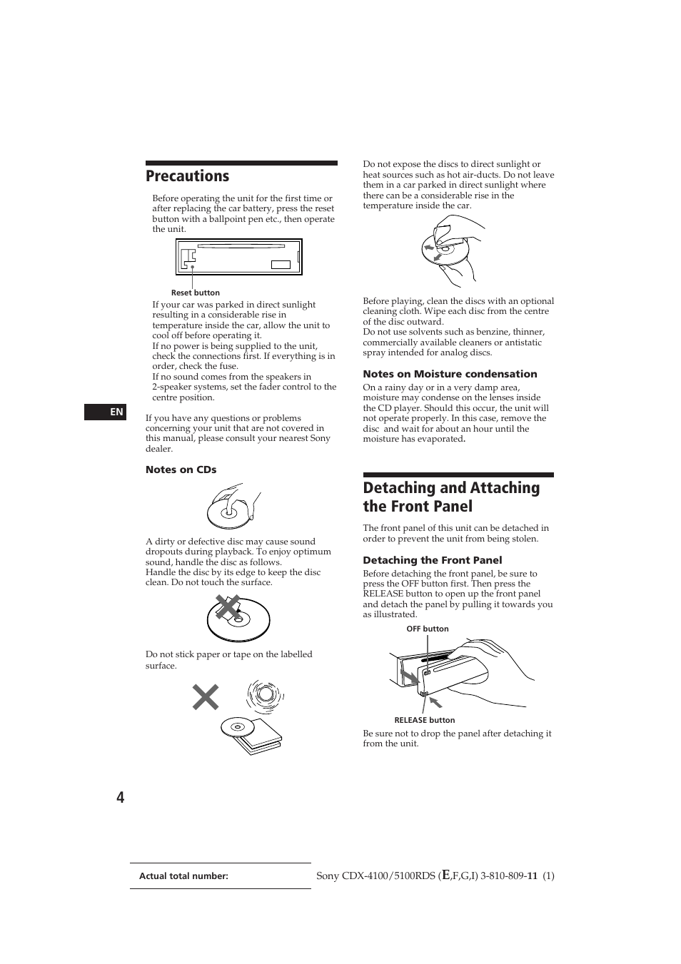 Precautions, Detaching and attaching the front panel | Sony CDX-4100RDS User Manual | Page 4 / 74