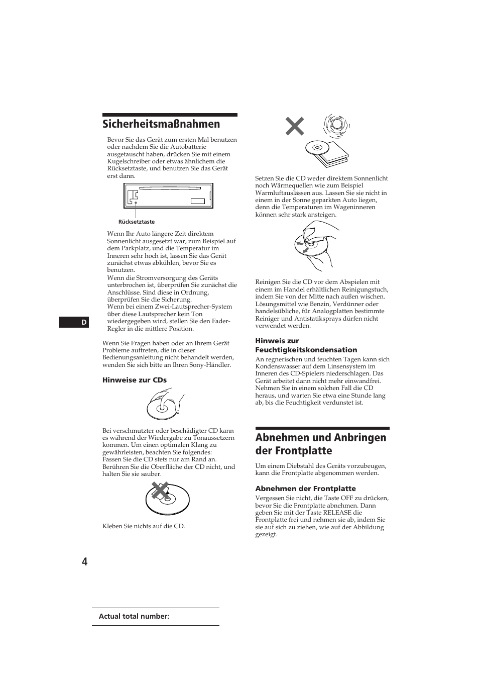 Sicherheitsmaßnahmen, Abnehmen und anbringen der frontplatte | Sony CDX-4100RDS User Manual | Page 40 / 74