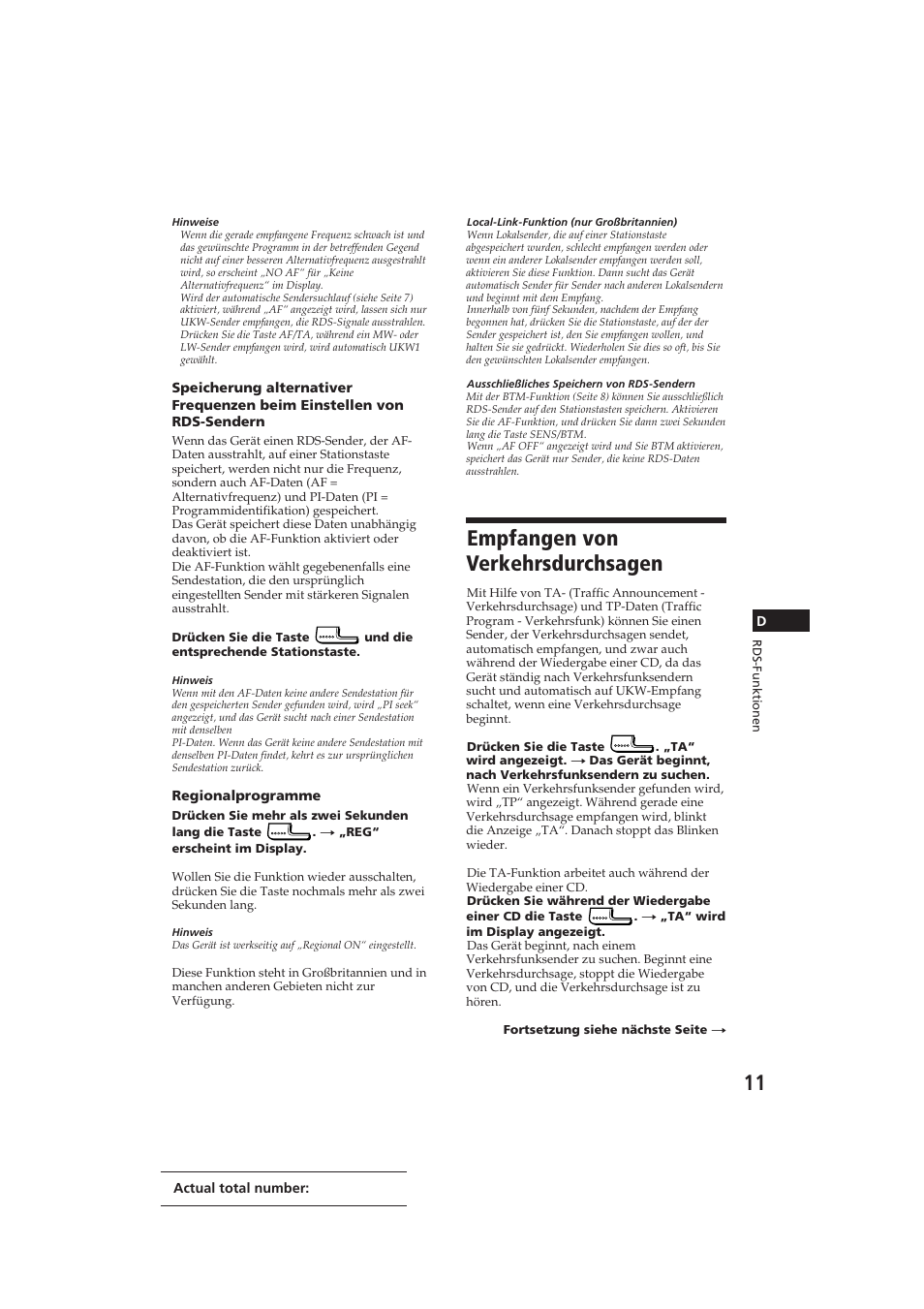 Empfangen von verkehrsdurchsagen | Sony CDX-4100RDS User Manual | Page 47 / 74