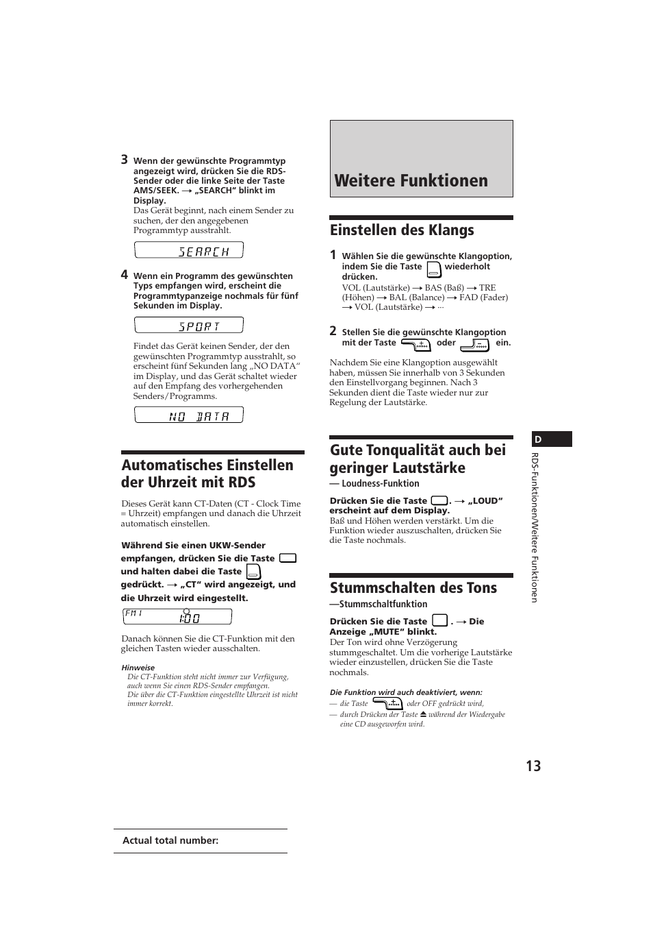 Weitere funktionen, Einstellen des klangs, Gute tonqualität auch bei geringer lautstärke | Stummschalten des tons, Automatisches einstellen der uhrzeit mit rds | Sony CDX-4100RDS User Manual | Page 49 / 74