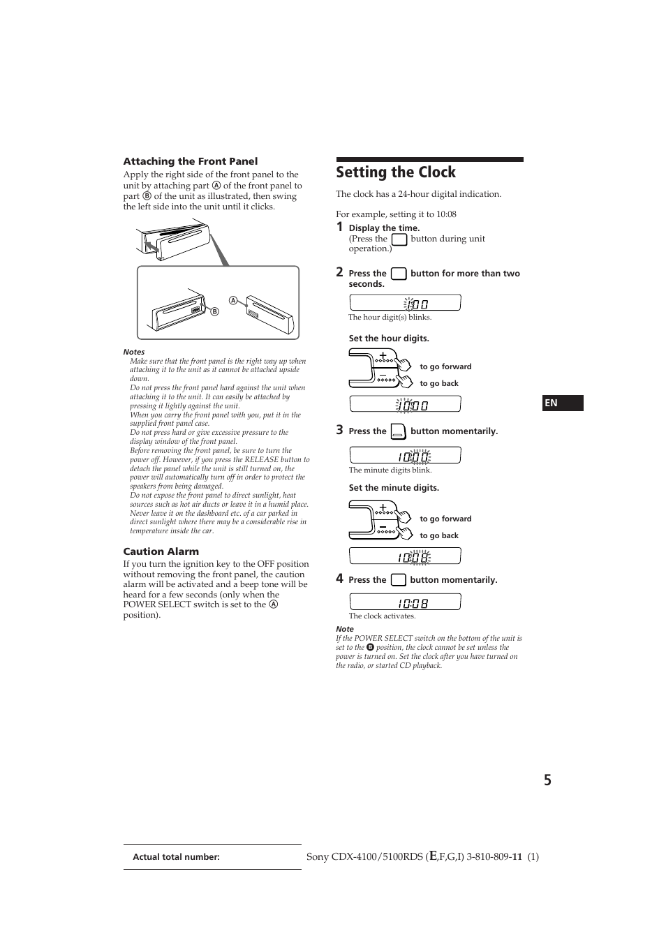 Setting the clock | Sony CDX-4100RDS User Manual | Page 5 / 74