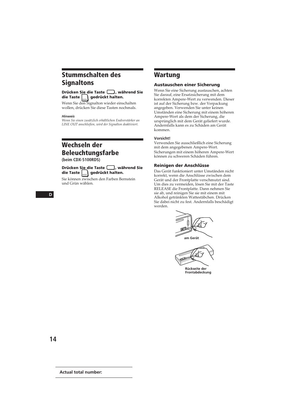 Wartung, Stummschalten des signaltons, Wechseln der beleuchtungsfarbe | Sony CDX-4100RDS User Manual | Page 50 / 74