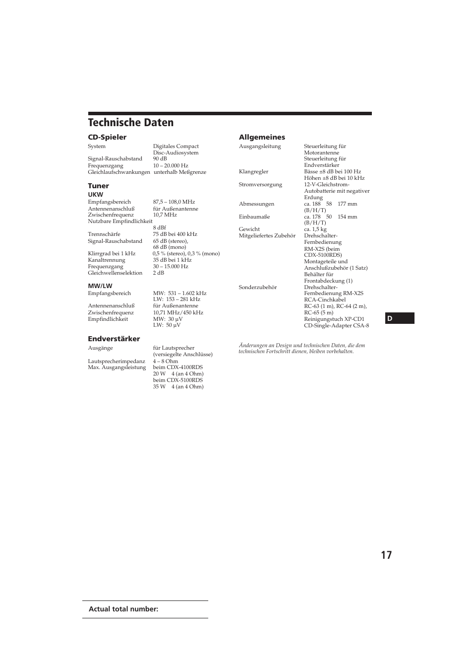 Technische daten | Sony CDX-4100RDS User Manual | Page 53 / 74