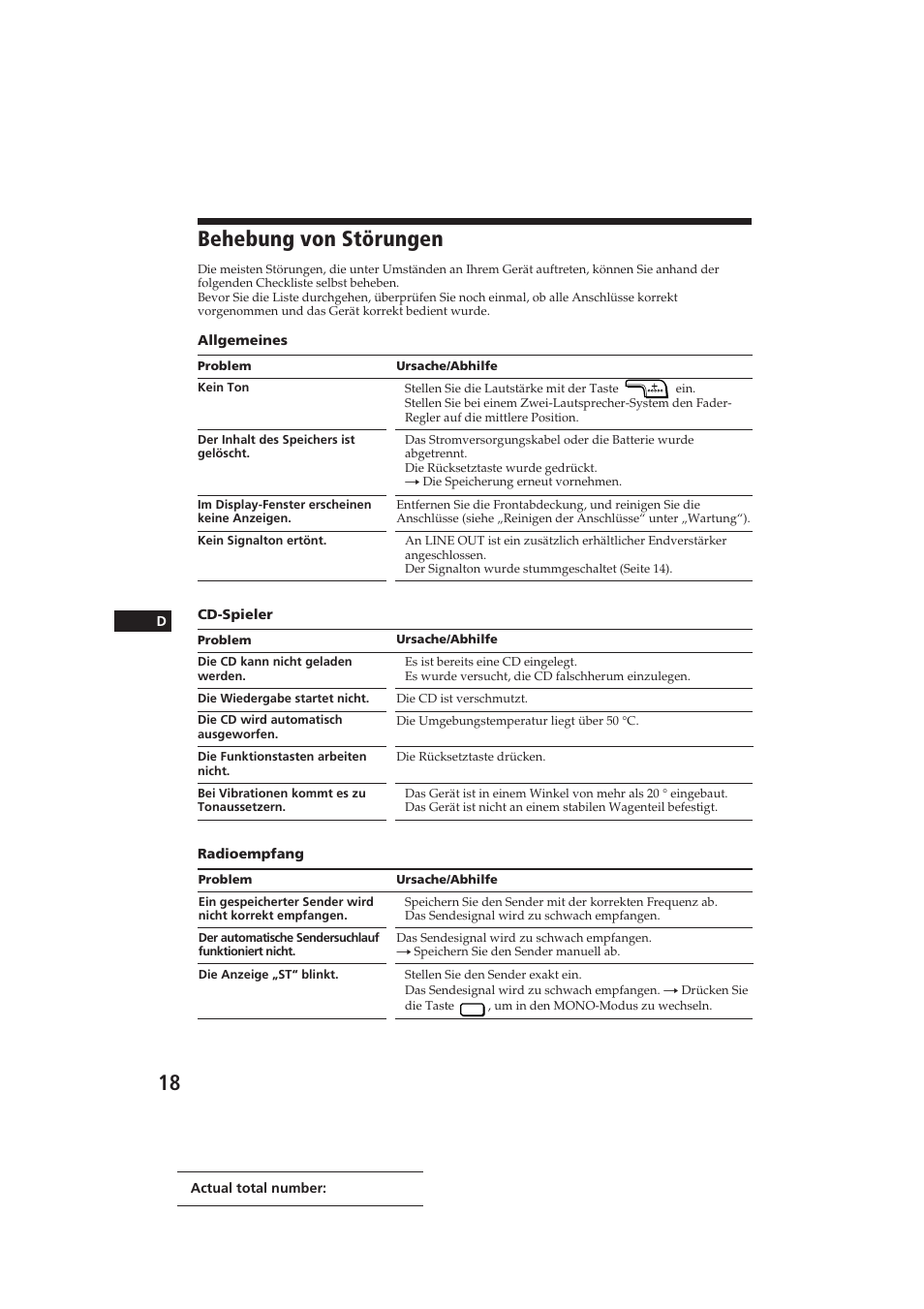 Behebung von störungen | Sony CDX-4100RDS User Manual | Page 54 / 74