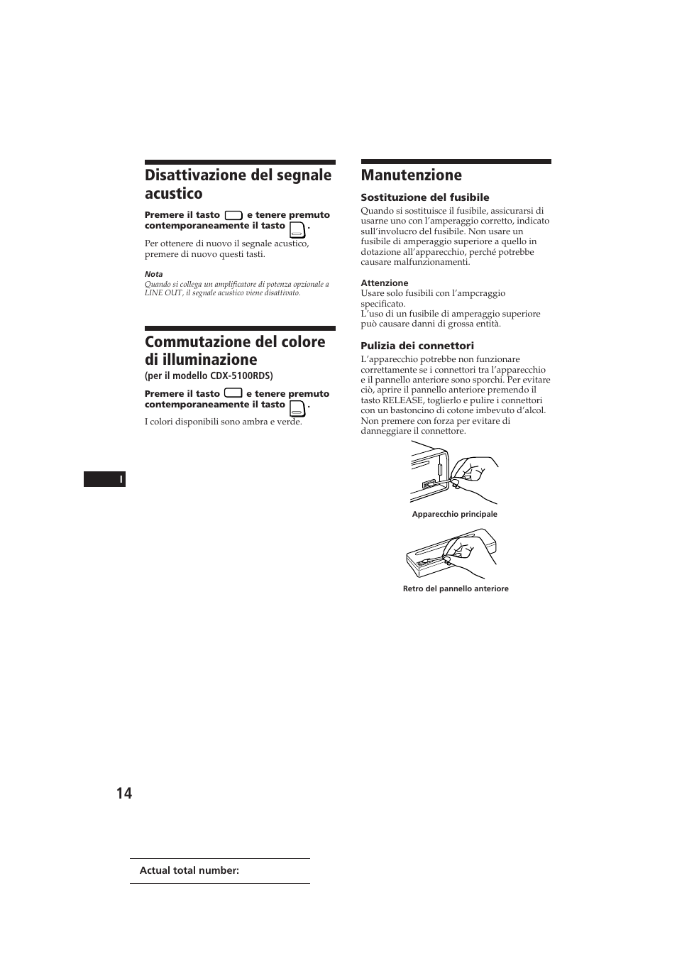 Manutenzione, Disattivazione del segnale acustico, Commutazione del colore di illuminazione | Sony CDX-4100RDS User Manual | Page 68 / 74