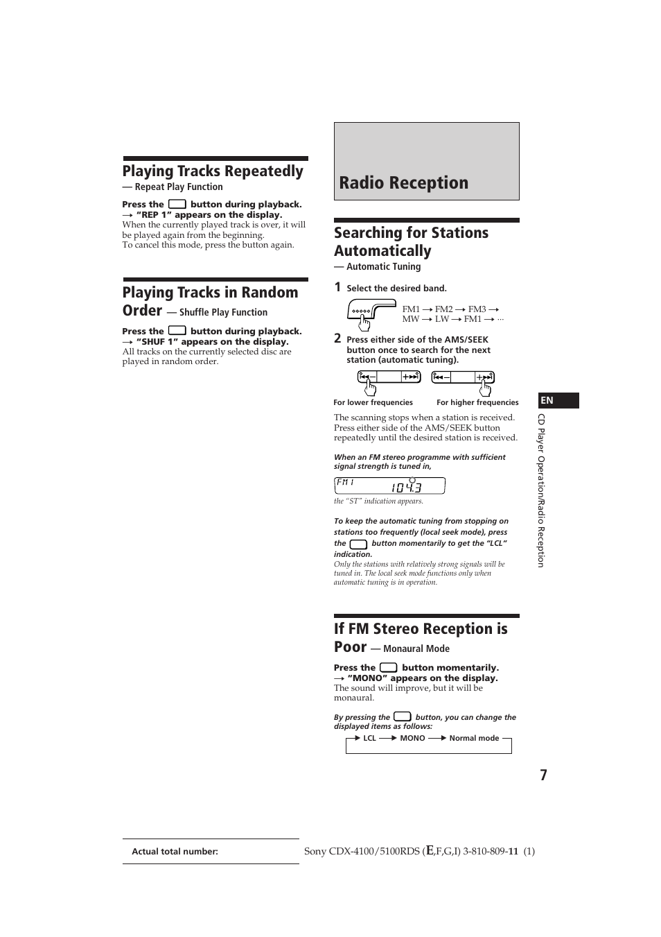 Radio reception, Playing tracks repeatedly, Playing tracks in random order | Searching for stations automatically, If fm stereo reception is poor | Sony CDX-4100RDS User Manual | Page 7 / 74
