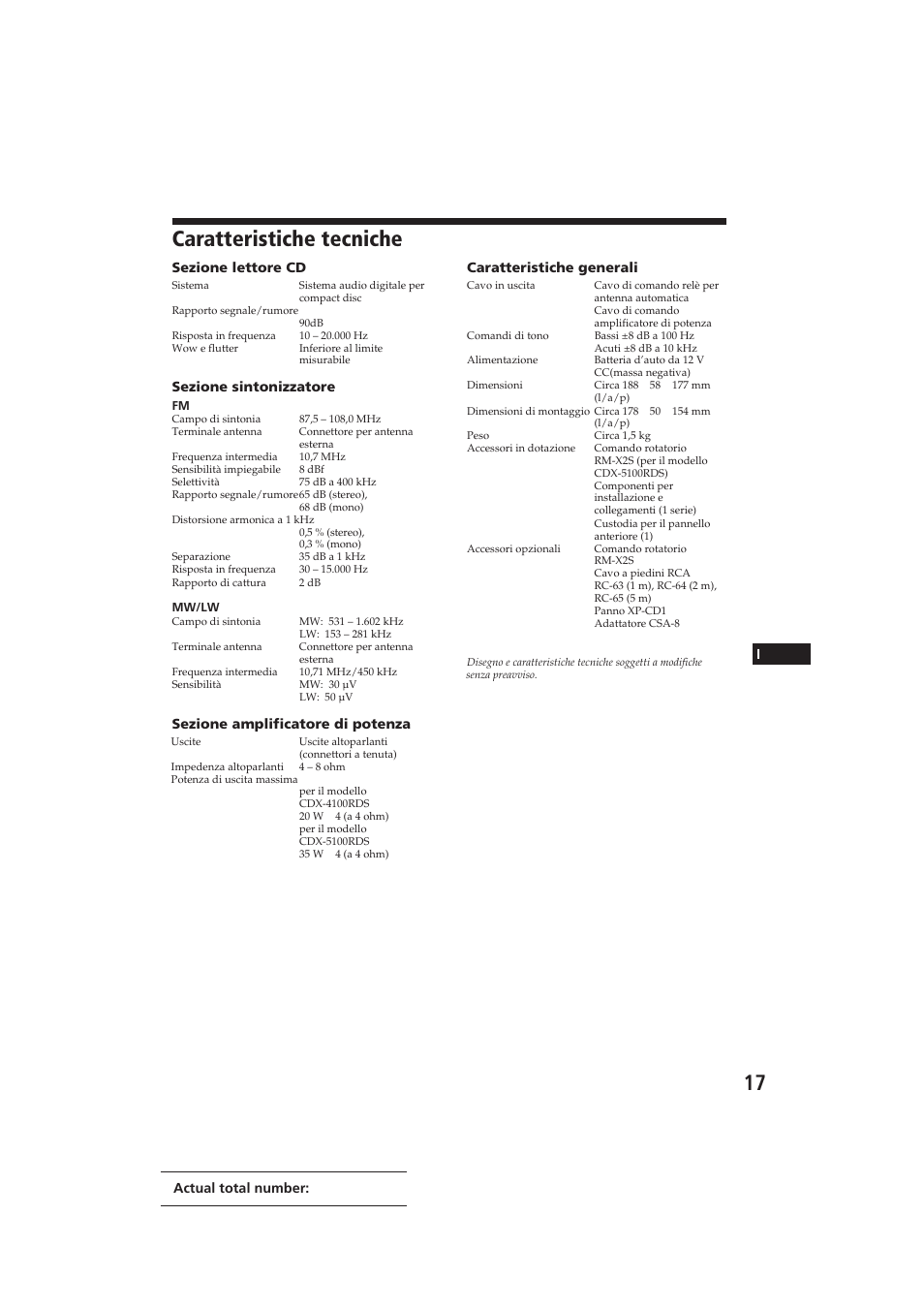 Caratteristiche tecniche | Sony CDX-4100RDS User Manual | Page 71 / 74