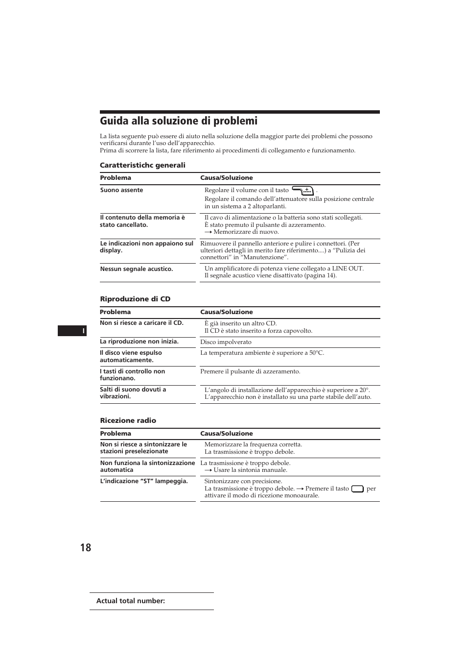 Guida alla soluzione di problemi | Sony CDX-4100RDS User Manual | Page 72 / 74