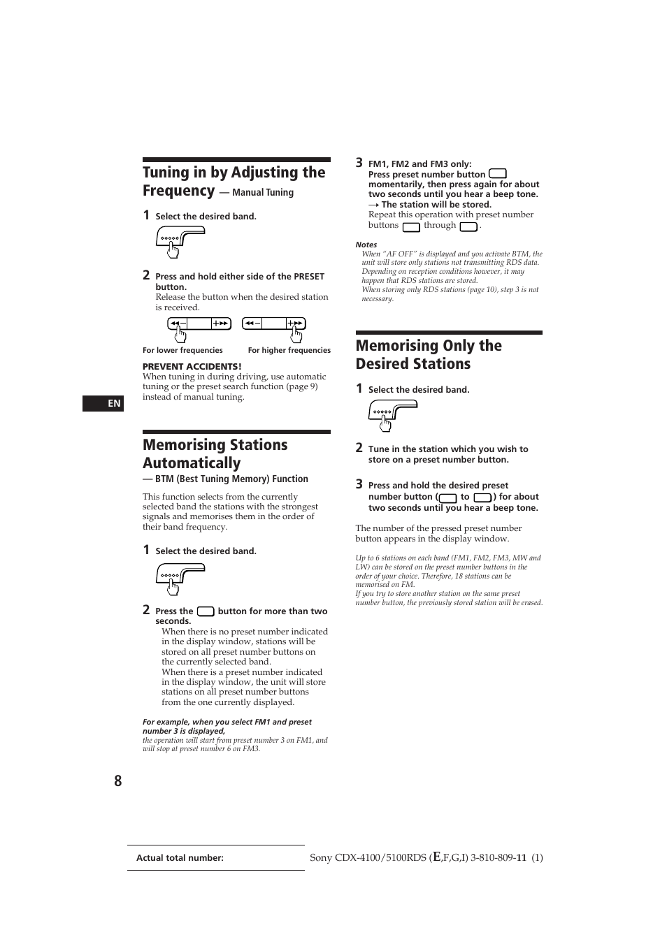 Tuning in by adjusting the frequency | Sony CDX-4100RDS User Manual | Page 8 / 74
